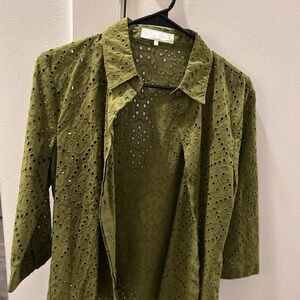 Zara Khaki Eyelet Button-Up Blouse